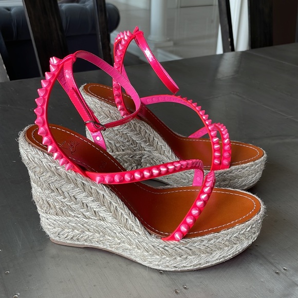 Christian louboutin mafaldina 120mm wedge espadrille pink neon sandal sz 39 - Picture 2 of 13